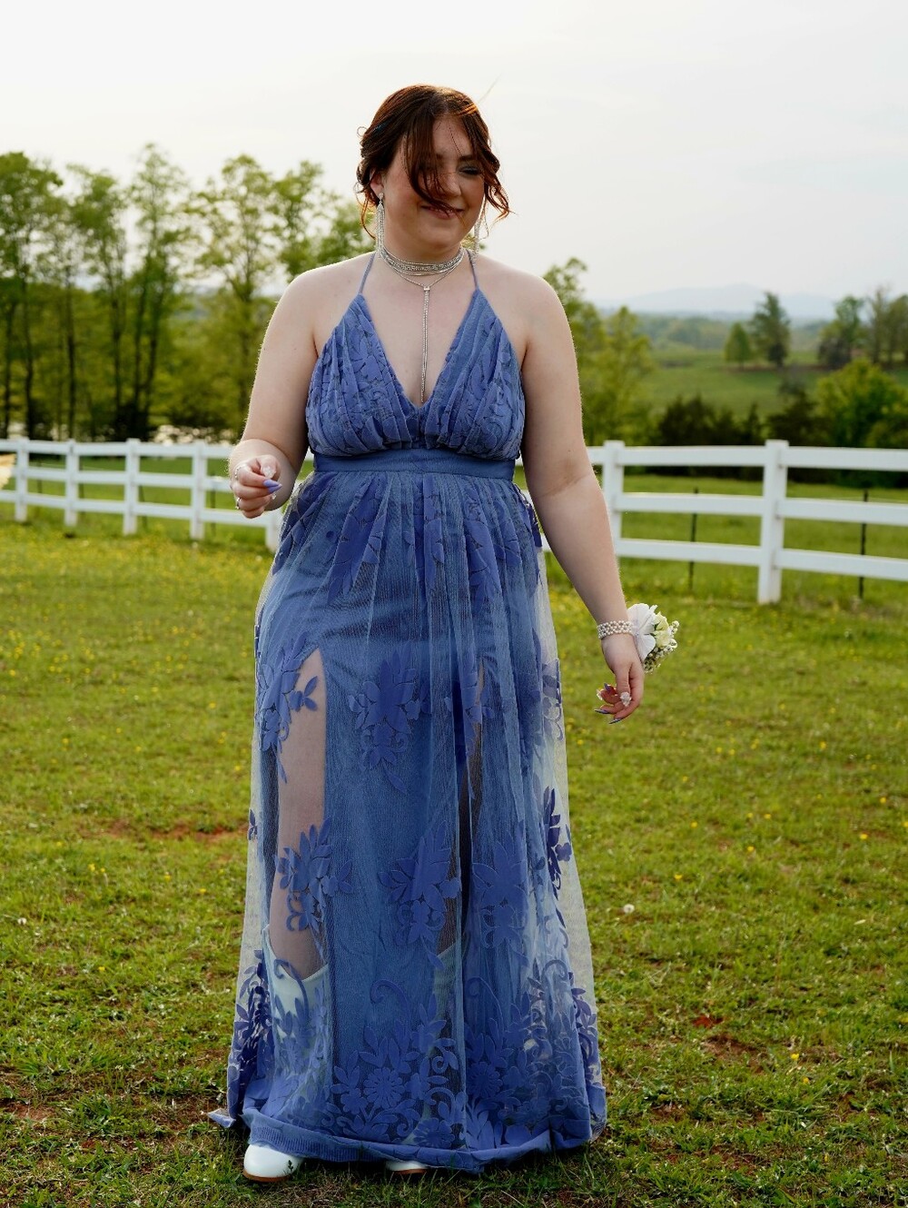 Windsor Periwinkle V-Neck Maxi Dress with Floral Lace Overlay